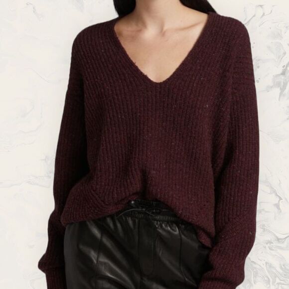 NEW Rag & Bone Donegal Recycled Wool V-neck Relaxed Fit Burgundy Sweater - Picture 2 of 5